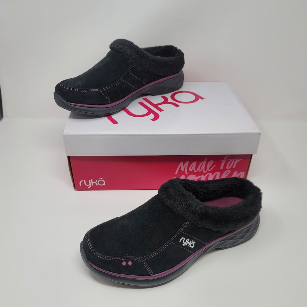 Ryka Womens Black Purple Suede Faux Fur Comfort Slip On Clogs Mules 7.5W New